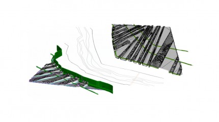 rough exploded axon shows  how the terrain was built in total of 3 sections.  The arpent strips of land were pieces were built in Rhino and the river in Autocad